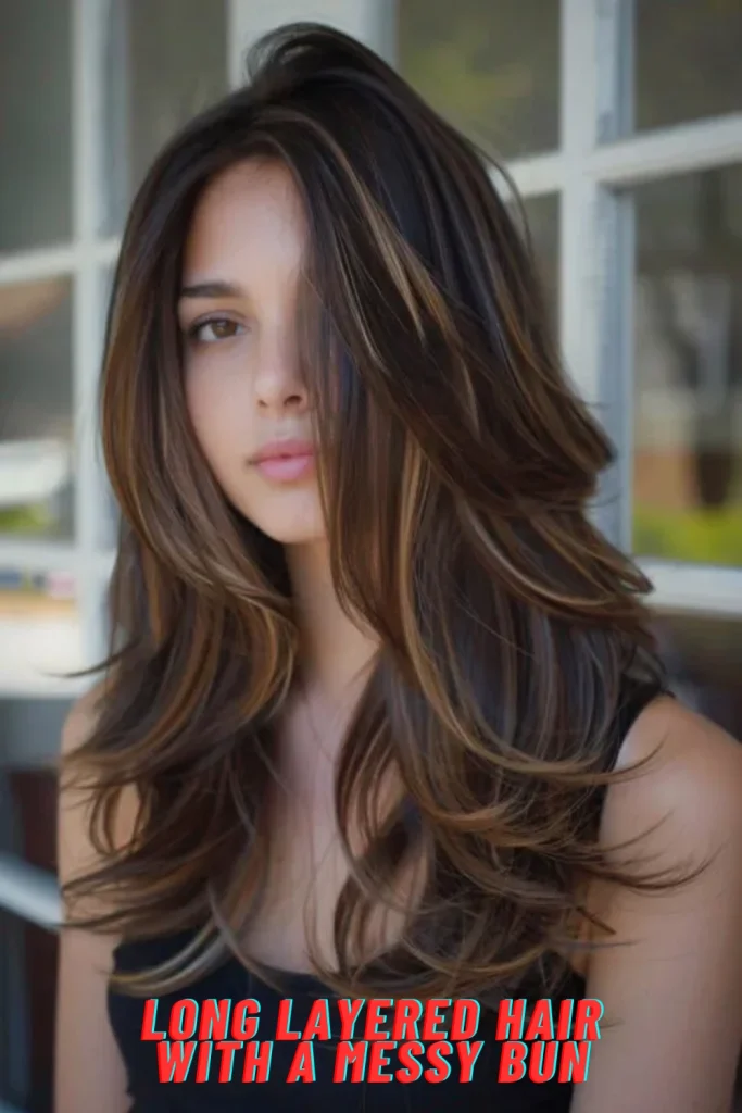 Long Layered Hair with a Messy Bun